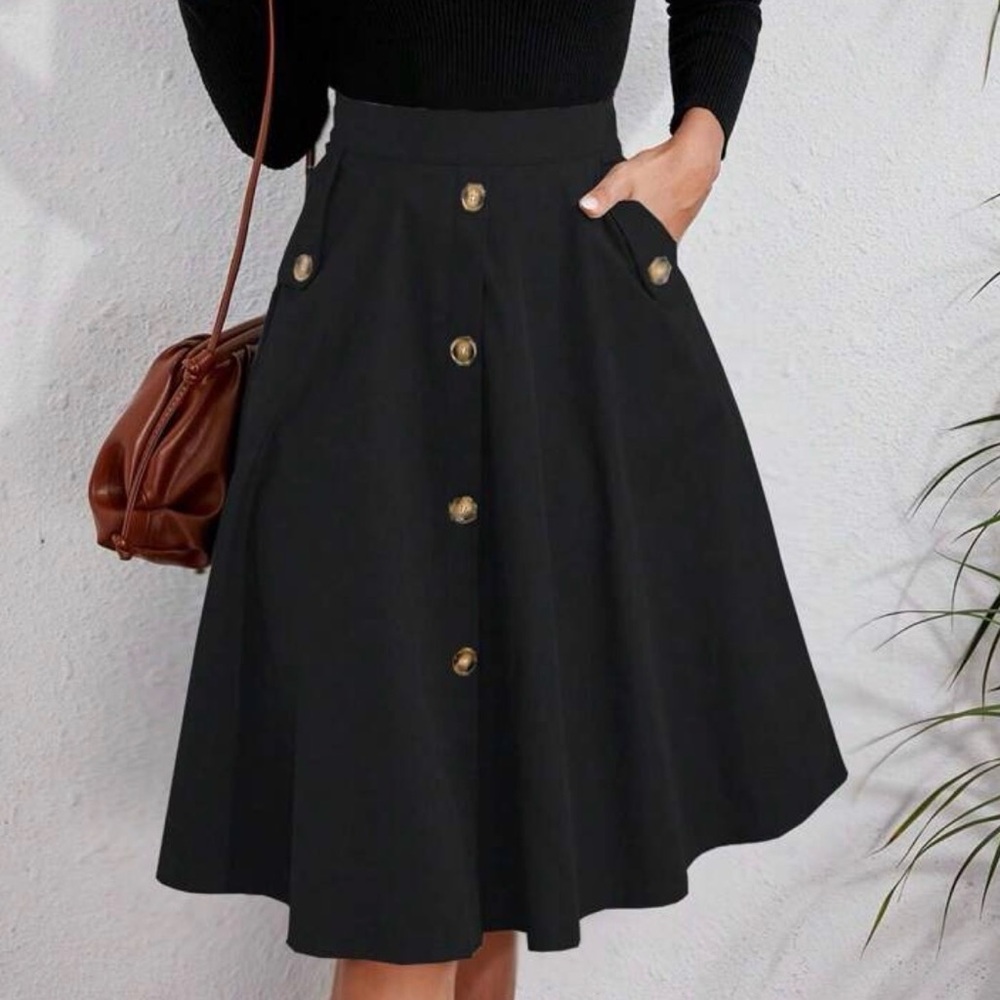 Classic Black Button Detail Pocket Midi Skirt Work office